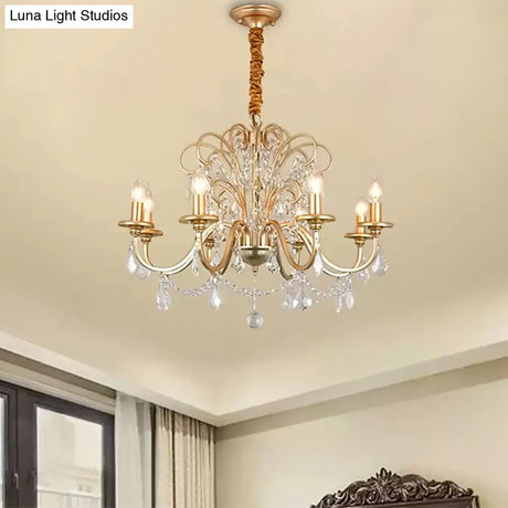 Vintage Gold Flameless Metal Pendant Chandelier With Crystal Decoration - 3/6-Heads Hanging Lamp