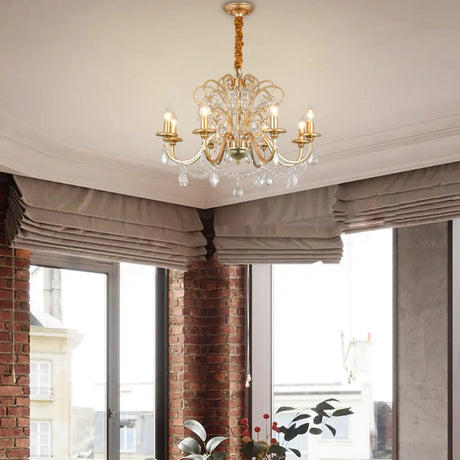 Vintage Gold Flameless Metal Pendant Chandelier With Crystal Decoration - 3/6-Heads Hanging Lamp 8 /