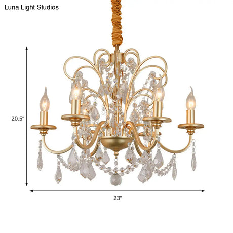 Vintage Gold Flameless Metal Pendant Chandelier With Crystal Decoration - 3/6-Heads Hanging Lamp