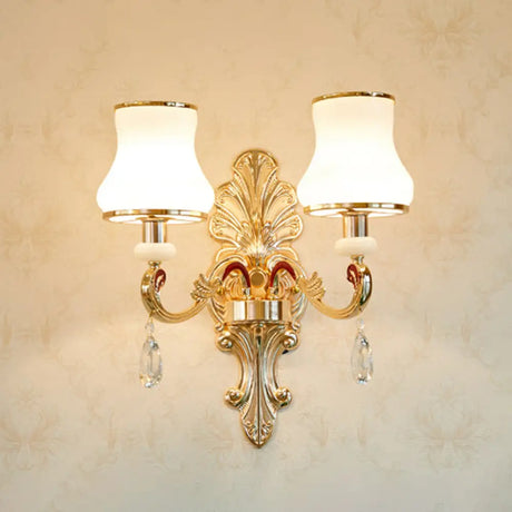 Vintage Gold Floral Cream Glass Wall Light Fixture - Unique Living Room Lamp 2 / C