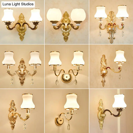 Vintage Gold Floral Cream Glass Wall Light Fixture - Unique Living Room Lamp