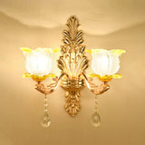 Vintage Gold Floral Wall Light Fixture With Crystal Accents - Elegant Living Room Mounted Lamp 2 / E