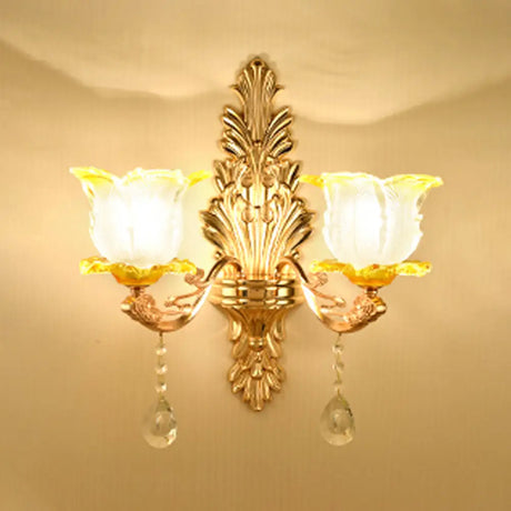 Vintage Gold Floral Wall Light Fixture With Crystal Accents - Elegant Living Room Mounted Lamp 2 / E