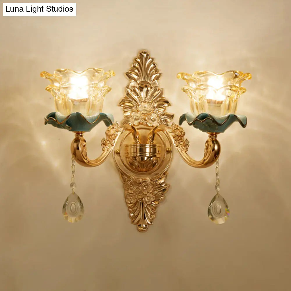 Vintage Gold Floral Wall Light Fixture With Crystal Accents - Elegant Living Room Mounted Lamp