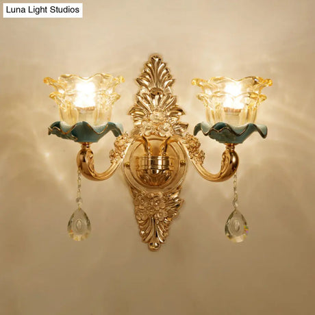Vintage Gold Floral Wall Light Fixture With Crystal Accents - Elegant Living Room Mounted Lamp