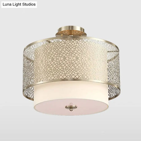 Vintage Gold Flush Mount Ceiling Light With Metal Carved Shade - 3 Bulbs Cylinder Lamp