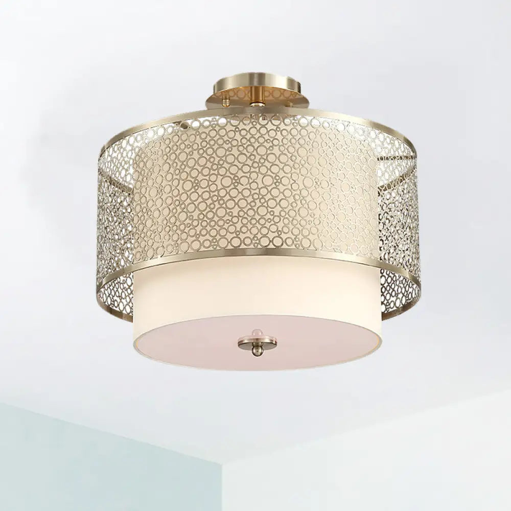 Vintage Gold Flush Mount Ceiling Light With Metal Carved Shade - 3 Bulbs Cylinder Lamp