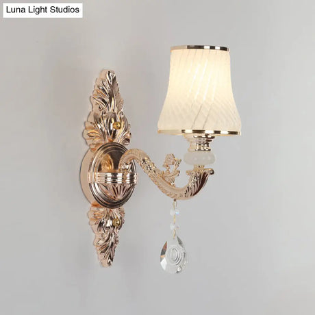 Vintage Gold Glass Wall Light With Crystal Draping - Tapered Textured Design For Corridor And Mount