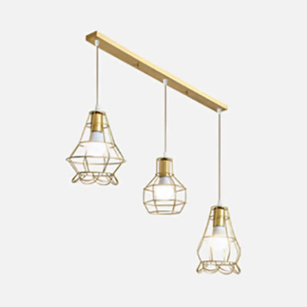 Vintage Gold Metal Pendant Light With Petal Design - 3-Head Caged Hanging For Kitchen C