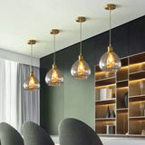 Vintage Gold Pendant Dining Room Hanging Light With Amber Glass Shade