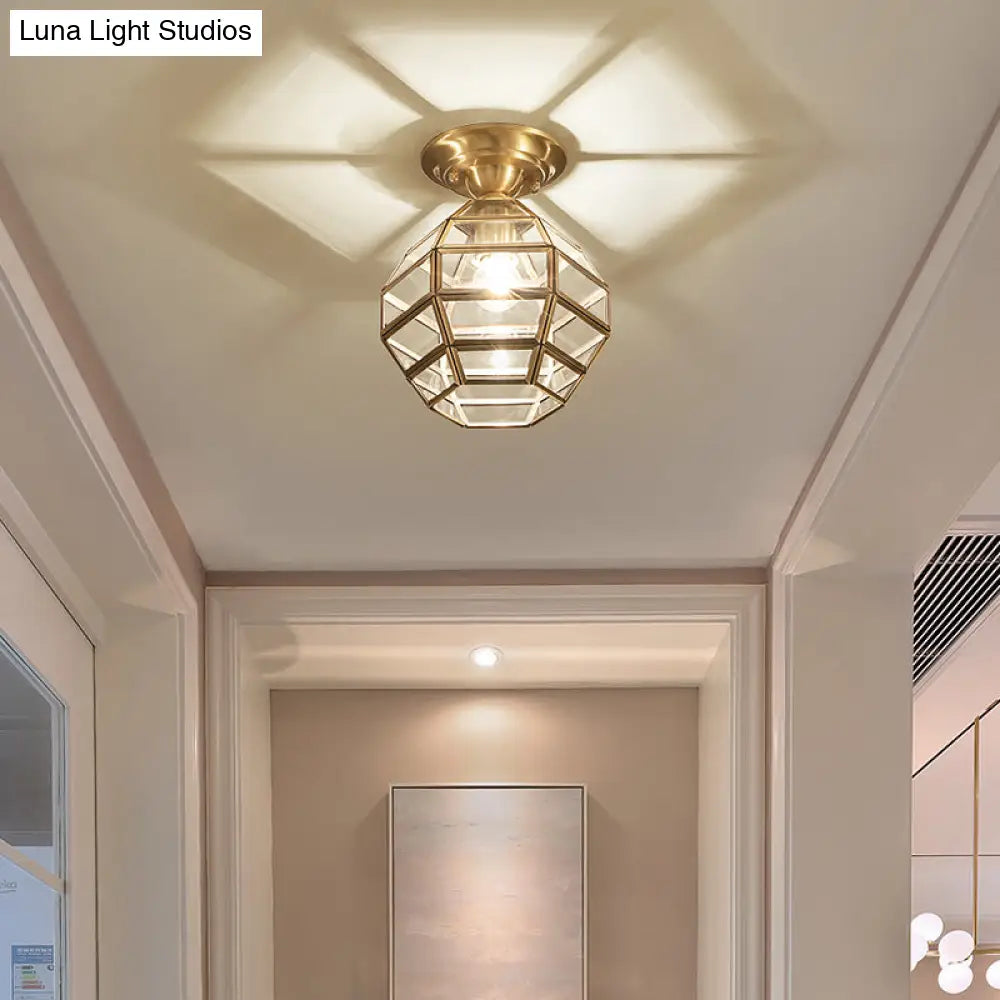 Vintage Gold Six-Sided Flush Mount Ceiling Light With Clear Glass Pane