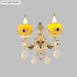 Vintage Gold Wall Sconce With Crystal Drop - Candlestick Jade Lamp For Bedroom