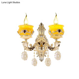 Vintage Gold Wall Sconce With Crystal Drop - Candlestick Jade Lamp For Bedroom