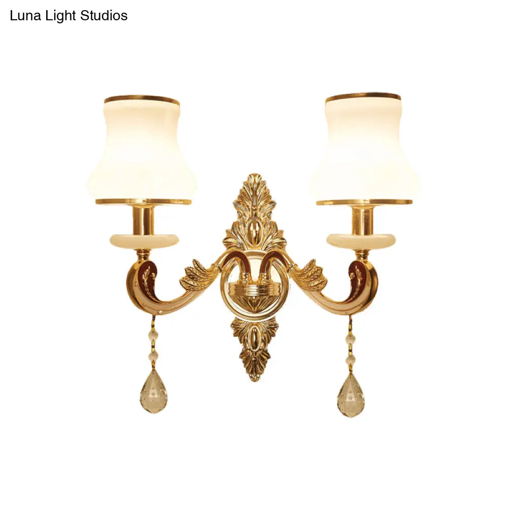 Vintage Gold Wall Sconce With Curved Milk Glass Lampshade - 2 Heads Bedroom Mount Lamp