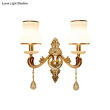 Vintage Gold Wall Sconce With Curved Milk Glass Lampshade - 2 Heads Bedroom Mount Lamp