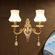Vintage Gold Wall Sconce With Curved Milk Glass Lampshade - 2 Heads Bedroom Mount Lamp