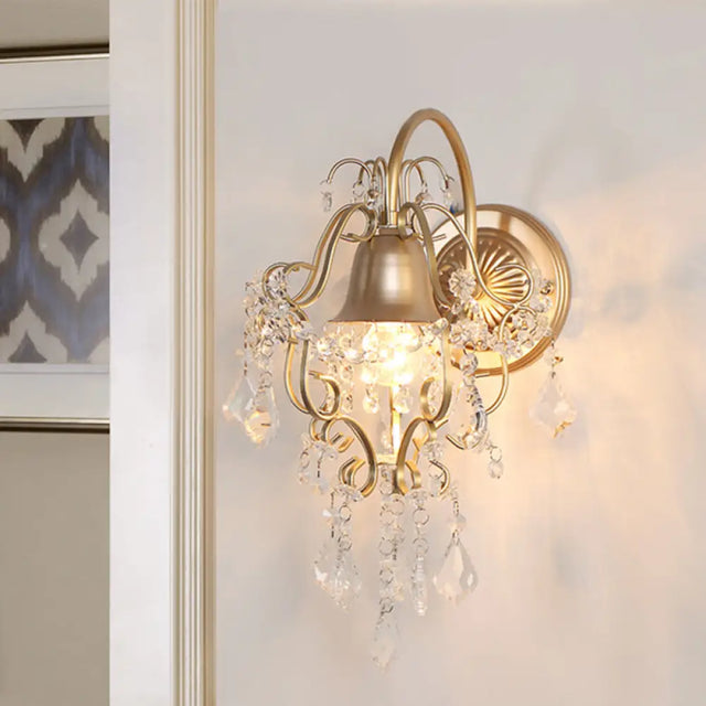 Vintage Golden Bell Wall Sconce With Clear Crystal Draping - 1 Light Fixture Gold