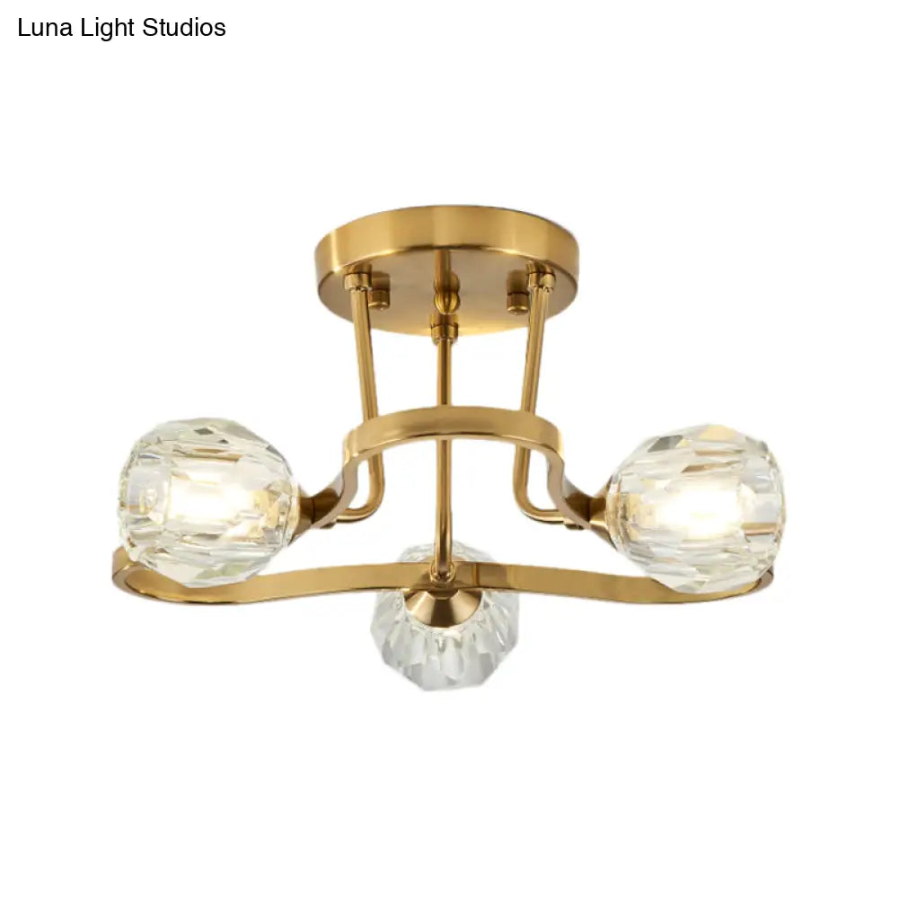 Vintage Golden Metal Semi Flush Mount Light With Clear Crystal Shade - 3/6 Lights