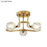Vintage Golden Metal Semi Flush Mount Light With Clear Crystal Shade - 3/6 Lights
