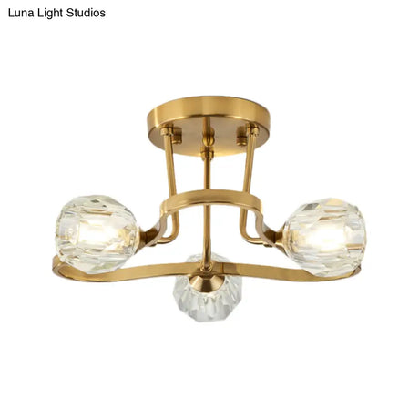 Vintage Golden Metal Semi Flush Mount Light With Clear Crystal Shade - 3/6 Lights