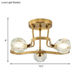 Vintage Golden Metal Semi Flush Mount Light With Clear Crystal Shade - 3/6 Lights