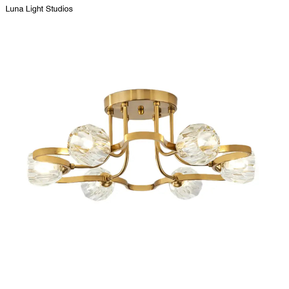 Vintage Golden Metal Semi Flush Mount Light With Clear Crystal Shade - 3/6 Lights