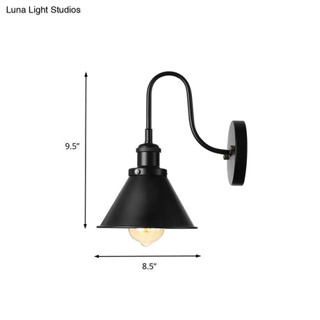 Vintage Gooseneck Wall Sconce With Cone Shade - 1 Light Corridor Fixture In Black