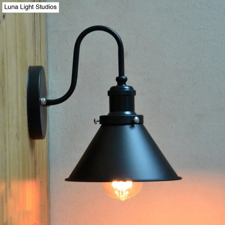 Vintage Gooseneck Wall Sconce With Cone Shade - 1 Light Corridor Fixture In Black