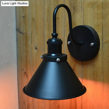 Vintage Gooseneck Wall Sconce With Cone Shade - 1 Light Corridor Fixture In Black