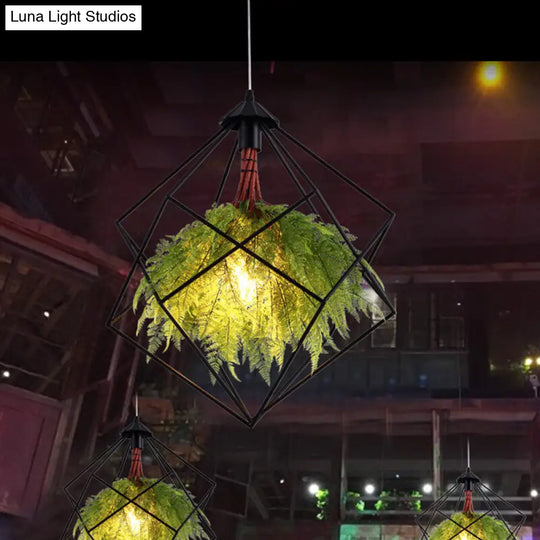 Vintage Green Iron Plant Hanging Lamp: Single-Bulb Pendant For Restaurant Lighting