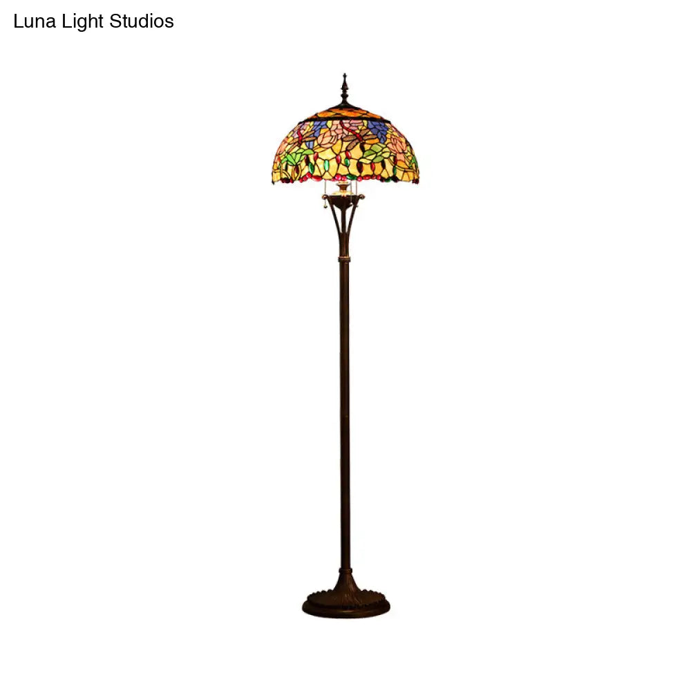 Vintage Green Dome Floor Light With Stained Glass Floral And Dragonfly Pattern - 3 Bulb Standing