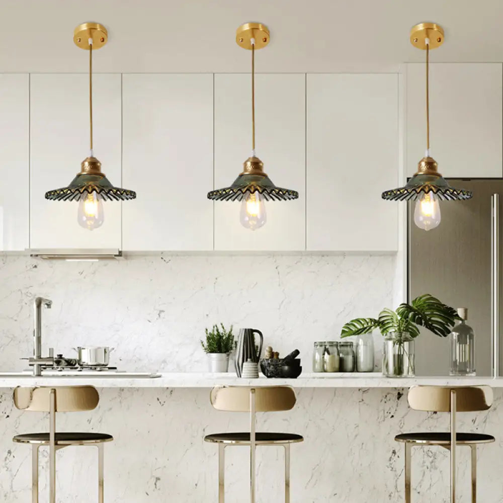 Vintage Green Glass Scalloped Pendant – 1-Light Hanging Ceiling Lighting For Dining Room