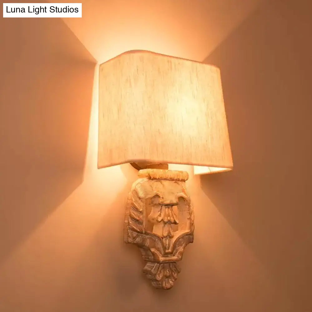 Vintage Half-Barrel Fabric Wall Light Fixture - Wood Mounted Lamp In White