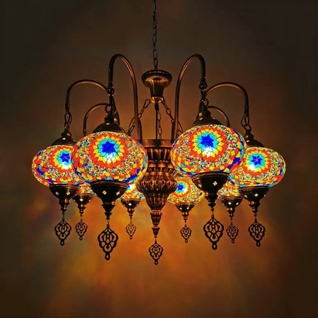 Vintage Handcrafted Art Glass Oval Pendant Light Chandelier With 9 White/Yellow/Gold Heads For
