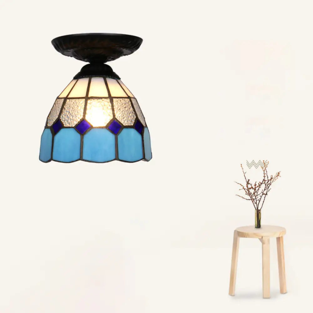 Vintage Handcrafted Stained Glass Ceiling Light With Single Flower Design For Aisle Black / Blue