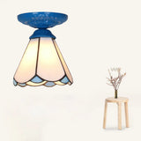 Vintage Handcrafted Stained Glass Ceiling Light With Single Flower Design For Aisle Blue / White