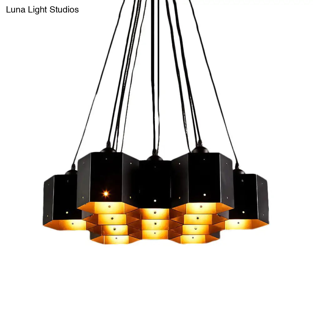 Vintage Hexagon Pendant Chandelier With Black Down Lighting & Honeycomb Design - 7/10/11 Lights