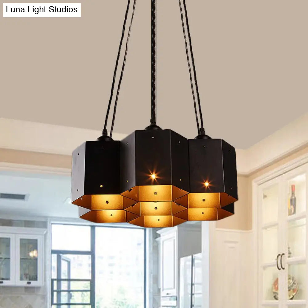Vintage Hexagon Pendant Chandelier With Black Down Lighting & Honeycomb Design - 7/10/11 Lights
