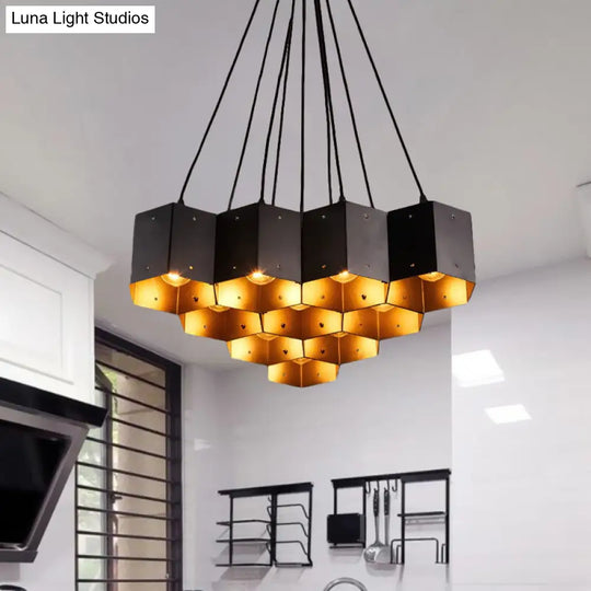 Vintage Hexagon Pendant Chandelier With Black Down Lighting & Honeycomb Design - 7/10/11 Lights 10 /
