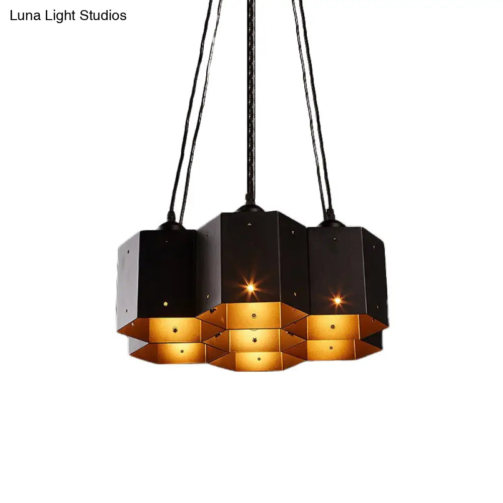 Vintage Hexagonal Chandelier With Black Honeycomb Design - 7/10/11 Down Lights For Restaurants
