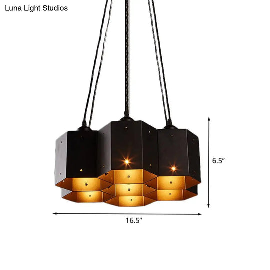 Vintage Hexagon Pendant Chandelier With Black Down Lighting & Honeycomb Design - 7/10/11 Lights