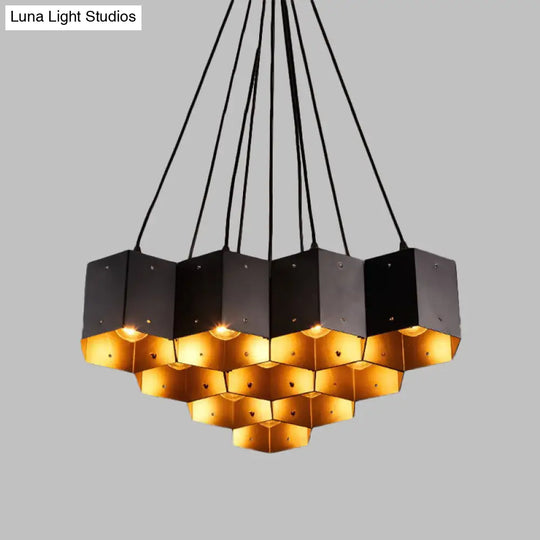 Vintage Hexagon Pendant Chandelier With Black Down Lighting & Honeycomb Design - 7/10/11 Lights