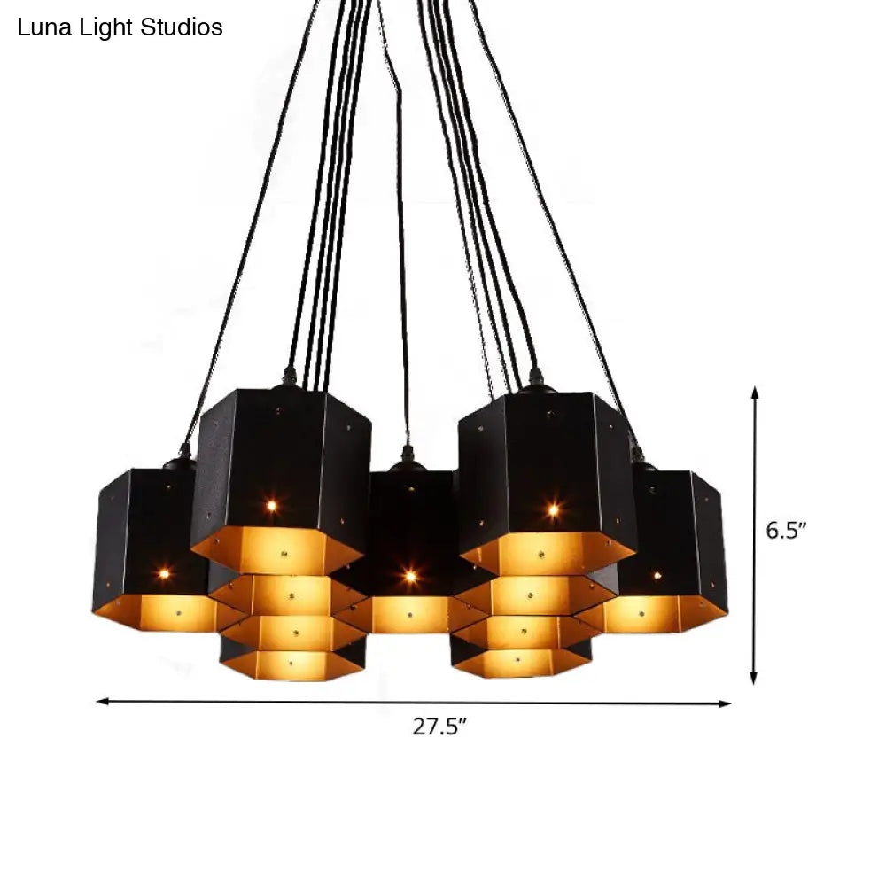 Vintage Hexagon Pendant Chandelier With Black Down Lighting & Honeycomb Design - 7/10/11 Lights