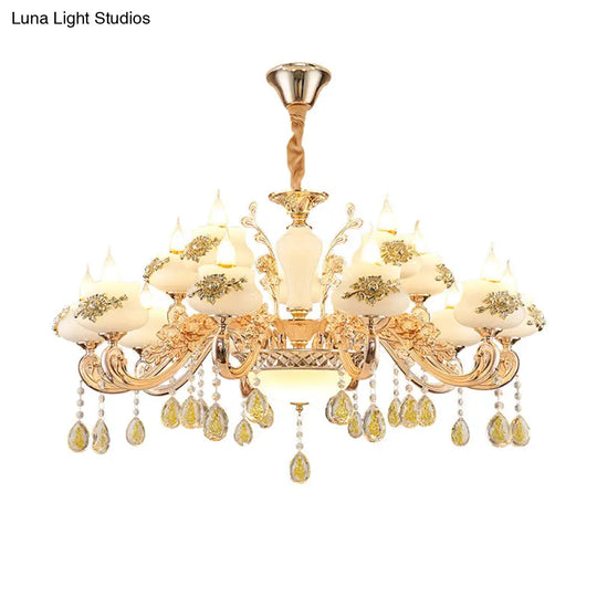 Vintage Imitation Jade Gold Chandelier Pendant Light With Crystal Accent