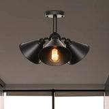 Vintage Indoor Ceiling Light - Black Flush Mount With Metallic Cone/Saucer Shade / Cone