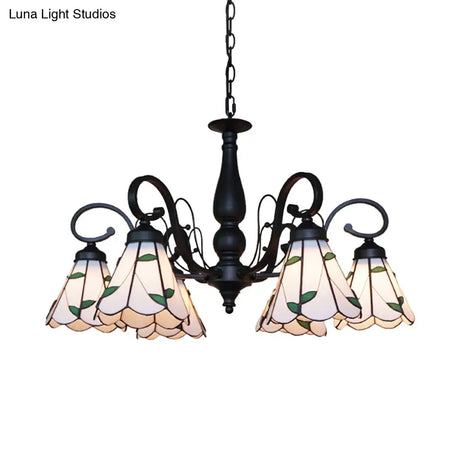 Vintage Indoor Lighting: Multi Light Cone Chandelier With Rhombus/Leaf Pattern Beige Glass For