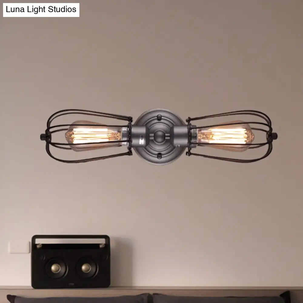 Vintage Industrial 1/2-Light Metal Bulb Wall Sconce With Cage Shade For Restaurants - Black/Nickel