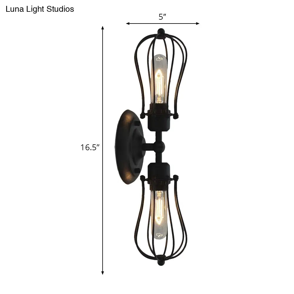 Vintage Industrial 1/2-Light Metal Bulb Wall Sconce With Cage Shade For Restaurants - Black/Nickel