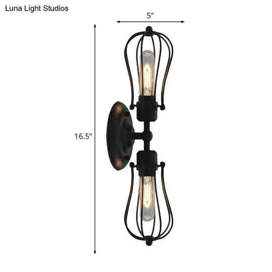 Vintage Industrial 1/2-Light Metal Bulb Wall Sconce With Cage Shade For Restaurants - Black/Nickel