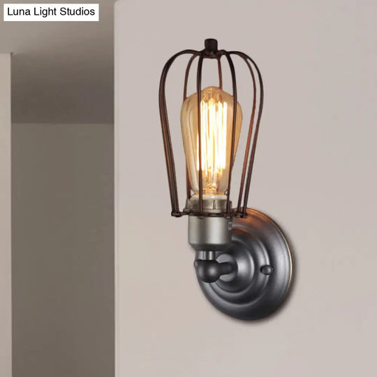 Vintage Industrial 1/2-Light Metal Bulb Wall Sconce With Cage Shade For Restaurants - Black/Nickel